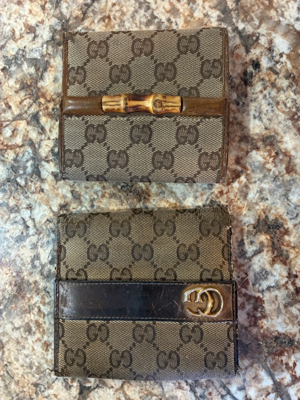 Gucci Brown Monogram Bamboo Trim & GG Logo Wallets Set